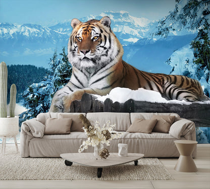 Tiger in the Snow and Mountains Wall Mural