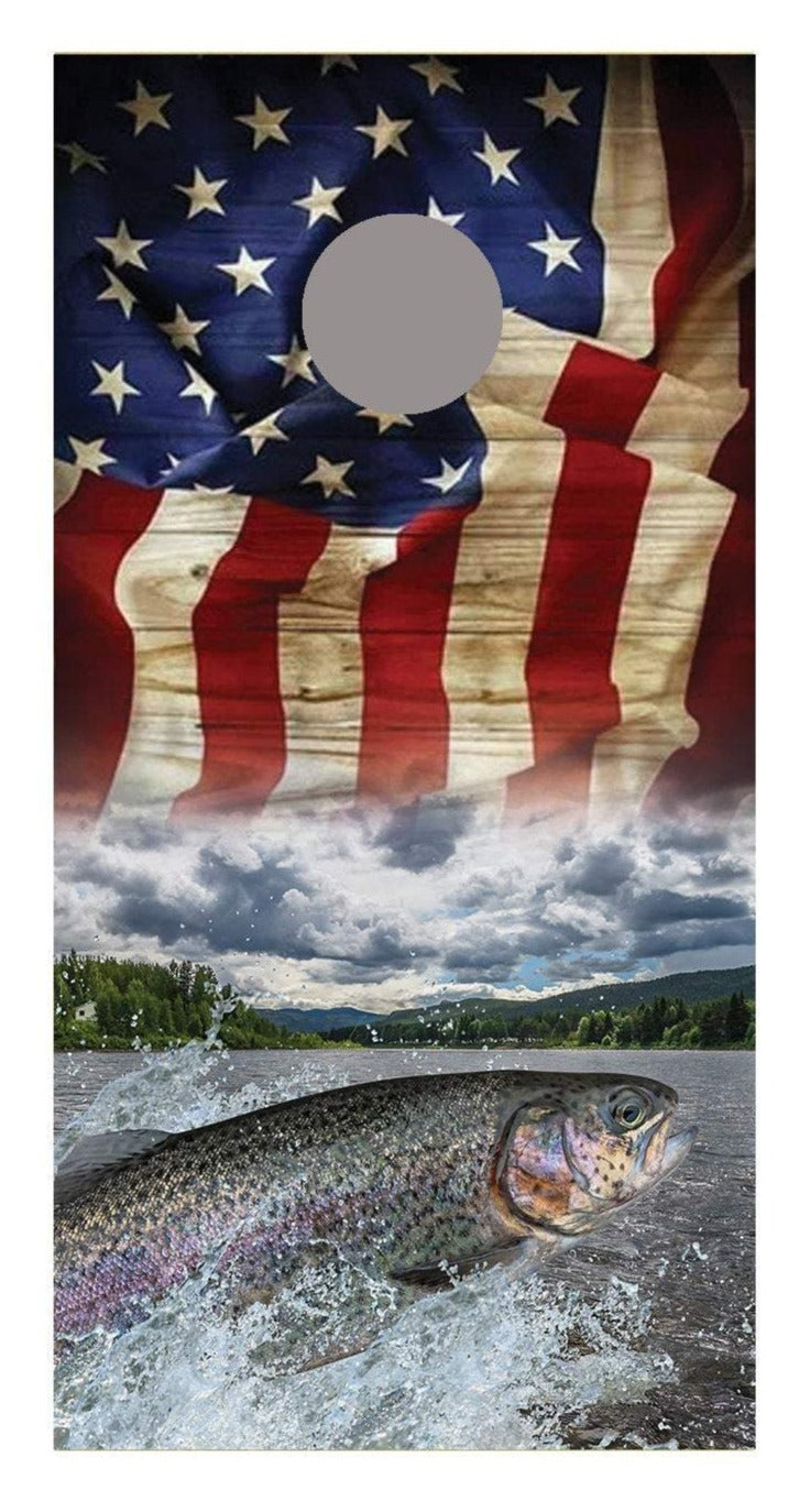 Aged Flag Trout Fish Jump Lake Corn hole Board Decal Wraps