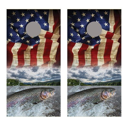 Aged Flag Trout Fish Jump Lake Corn hole Board Decal Wraps