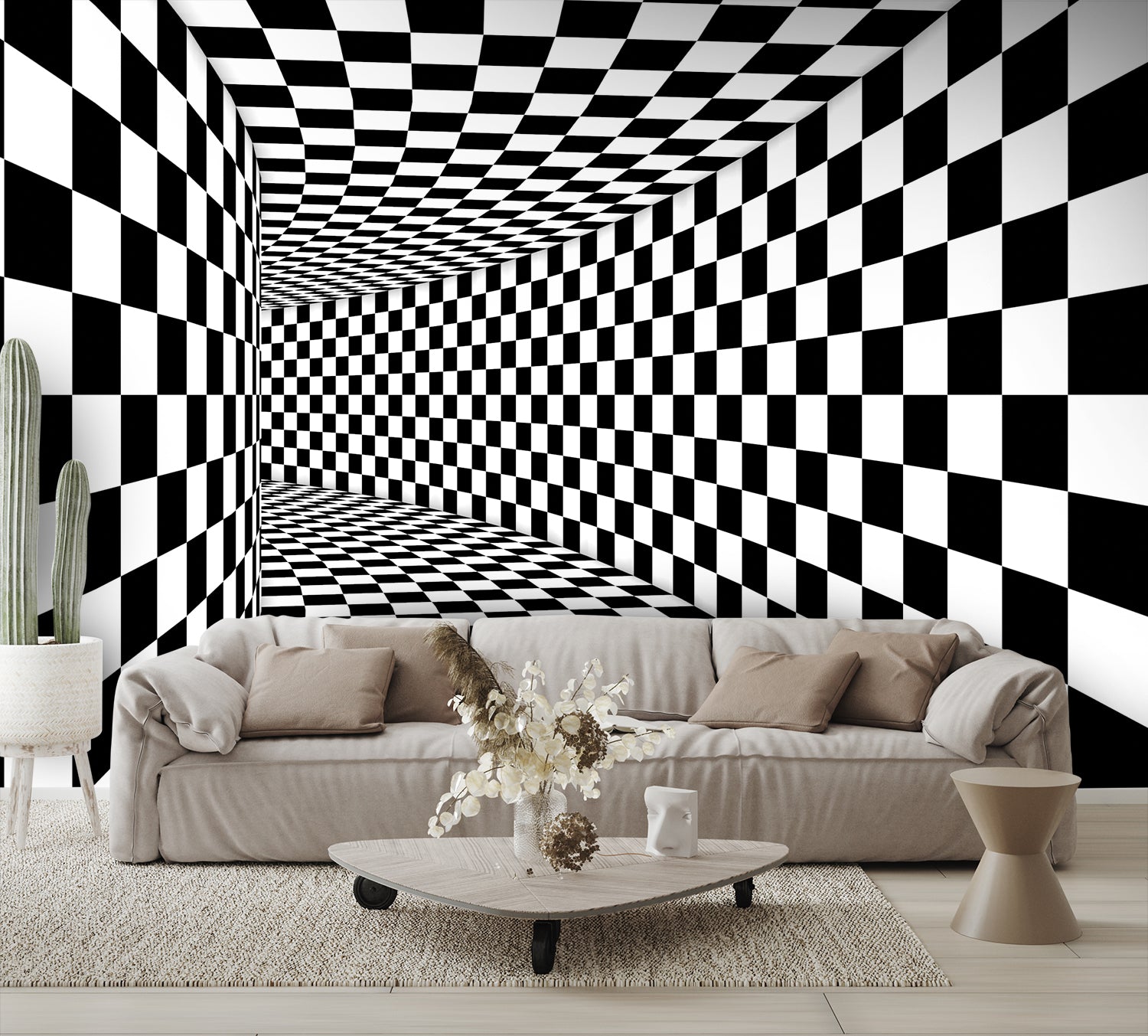 Tunnel Illusion Checkered Wall Mural