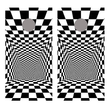 Tunnel Illusion Checkered Corn Hole Board Decal Wrap