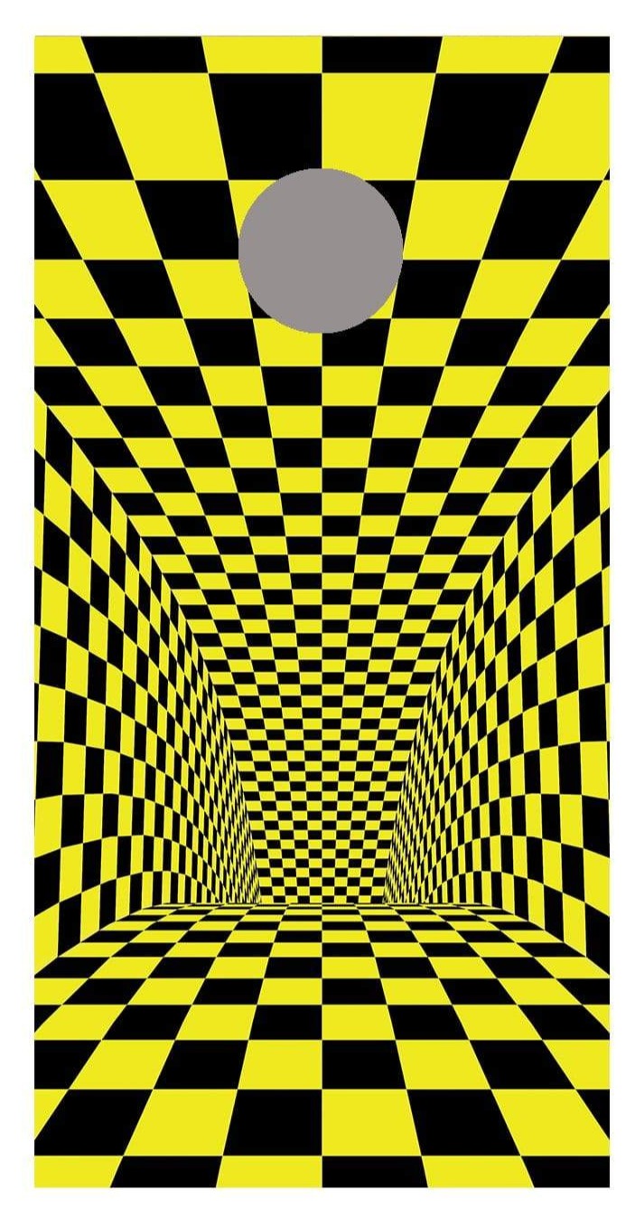 Tunnel Illusion Yellow Black Checkered Corn Hole Board Decal Wrap