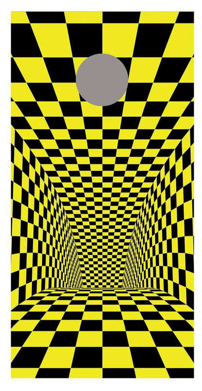 Tunnel Illusion Yellow Black Checkered Corn Hole Board Decal Wrap