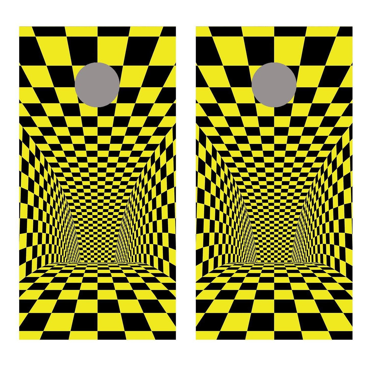 Tunnel Illusion Yellow Black Checkered Corn Hole Board Decal Wrap
