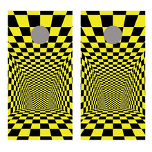 Tunnel Illusion Yellow Black Checkered Corn Hole Board Decal Wrap