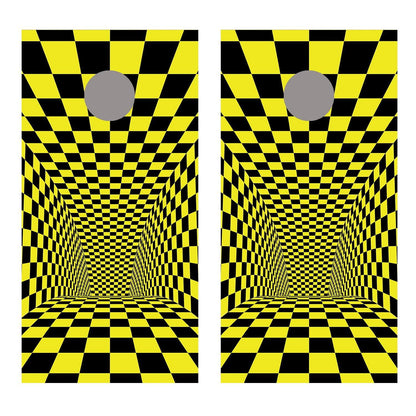 Tunnel Illusion Yellow Black Checkered Corn Hole Board Decal Wrap
