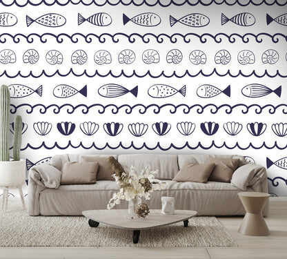 Waves, Fish, and Seashells Wall Mural
