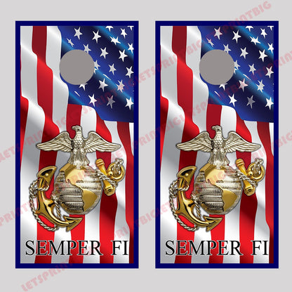 Waving American Flag Semper Fi Marines Cornhole Board Decals