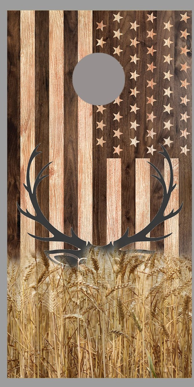 Buck Deer Field Wood American Flag Corn Hole Board Decal Wrap