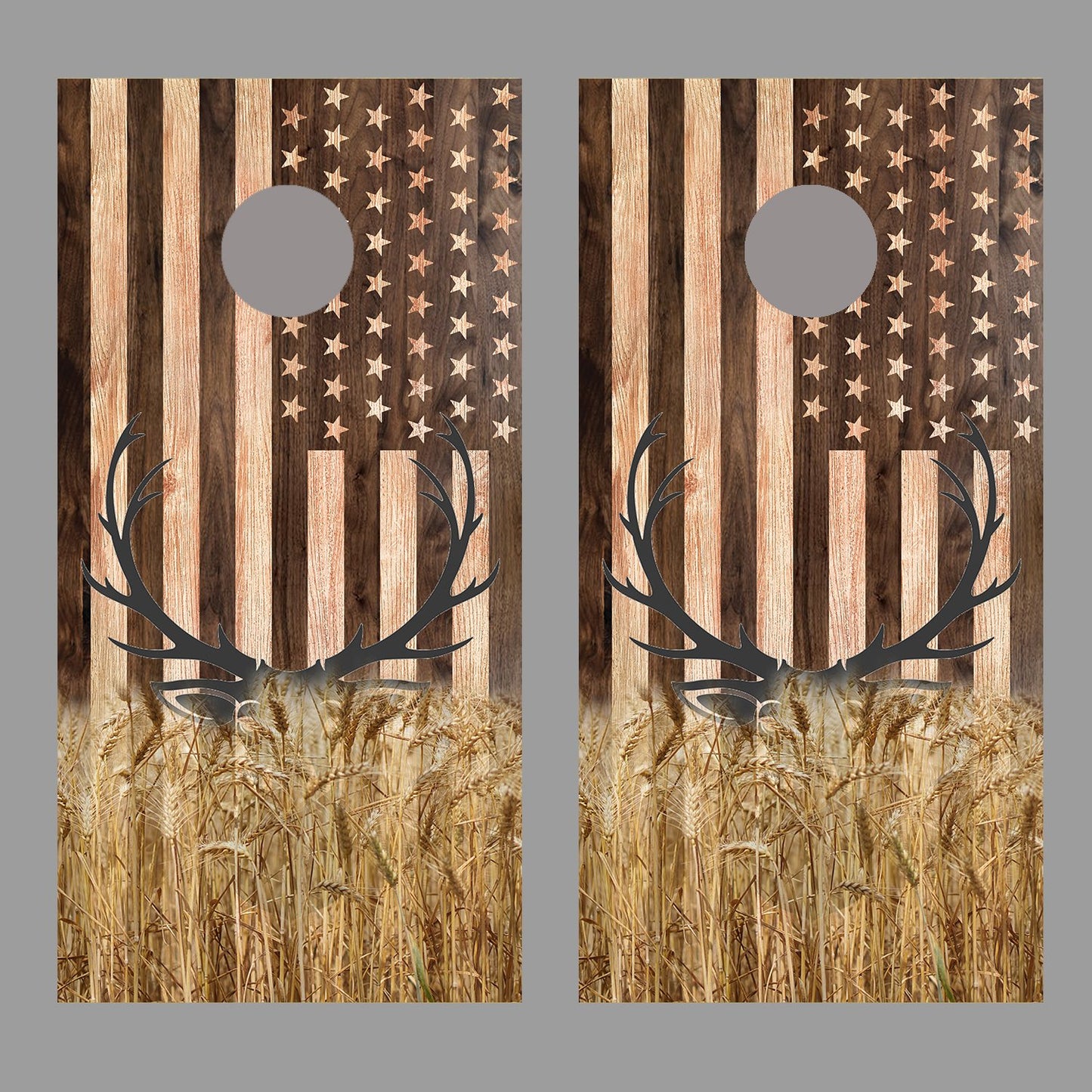 Buck Deer Field Wood American Flag Corn Hole Board Decal Wrap