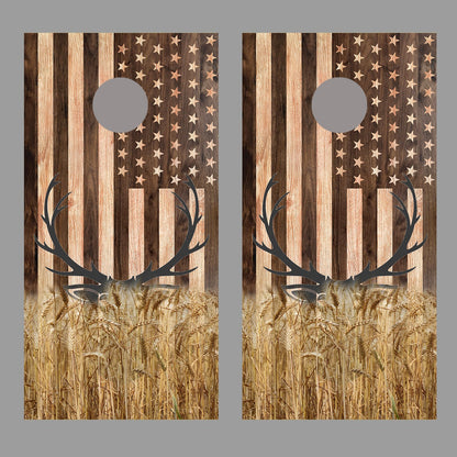 Buck Deer Field Wood American Flag Corn Hole Board Decal Wrap