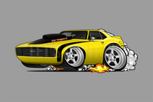 Car Art 1st Generation Yellow Camaro Smoke and Flames Hot Rod Drag Car Cartoon Wall Decal