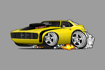 Car Art 1st Generation Yellow Camaro Smoke and Flames Hot Rod Drag Car Cartoon Wall Decal