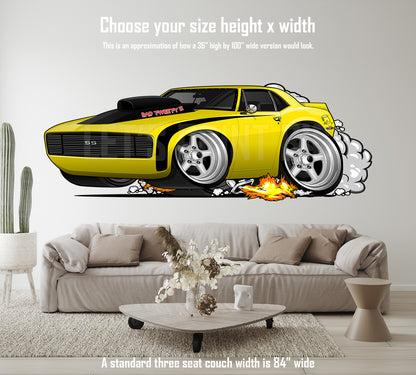 Car Art 1st Generation Yellow Camaro Smoke and Flames Hot Rod Drag Car Cartoon Wall Decal