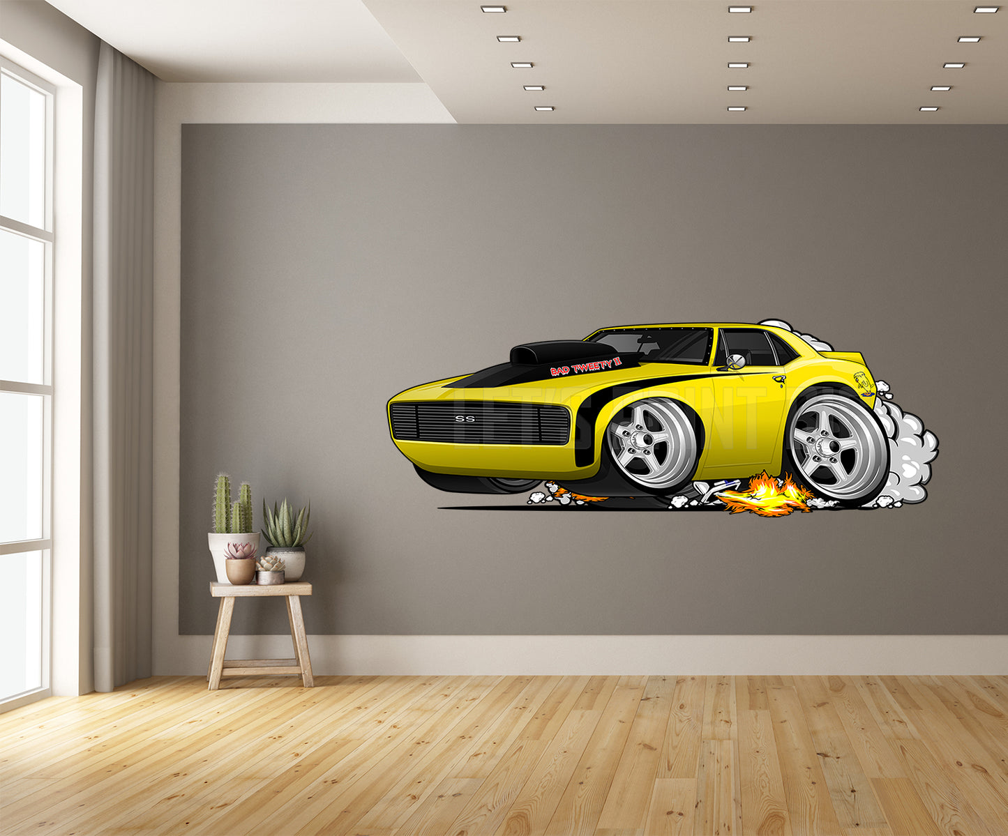 Car Art 1st Generation Yellow Camaro Smoke and Flames Hot Rod Drag Car Cartoon Wall Decal