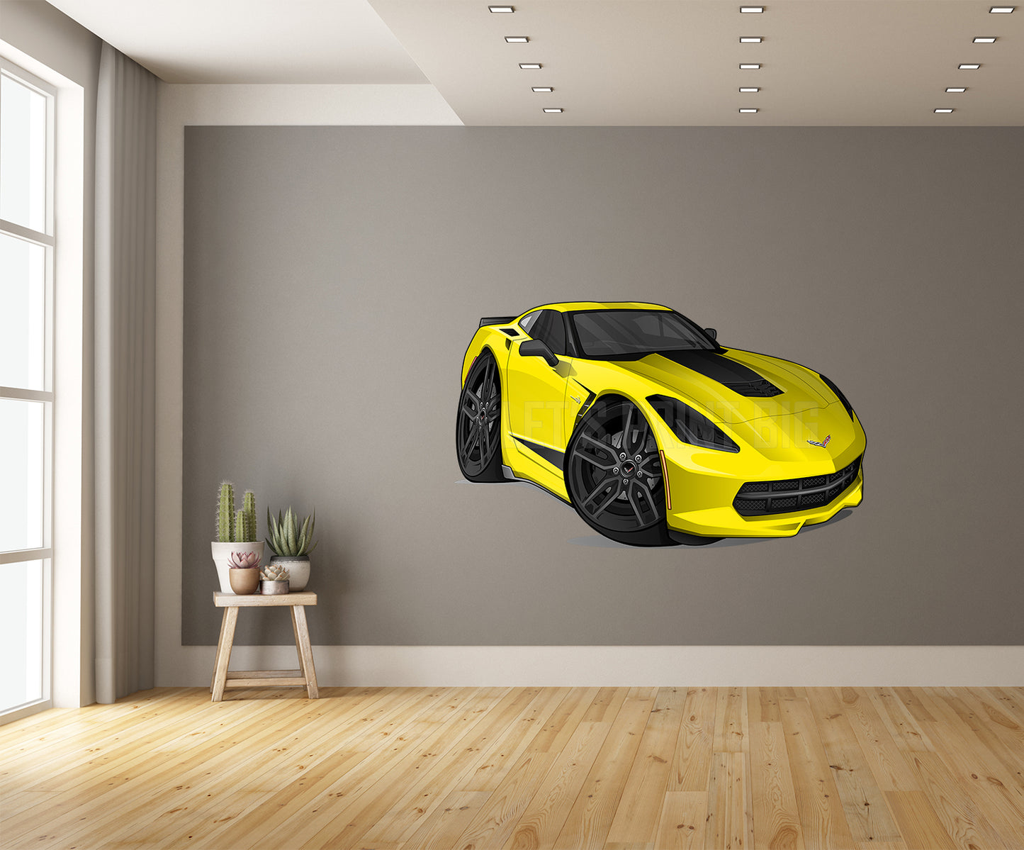 Car Art Yellow Corvette Cartoon Wall Decal