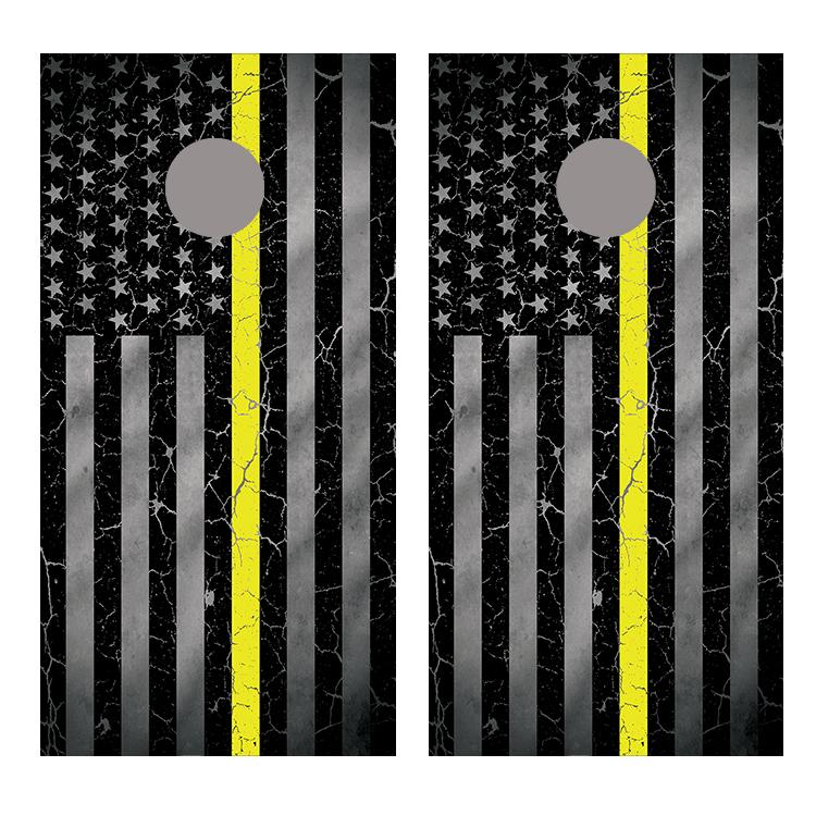 Yellow Line Crackle Flipped American Flag Cornhole Board Decal Wraps