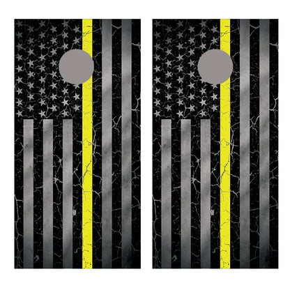 Yellow Line Crackle Flipped American Flag Cornhole Board Decal Wraps