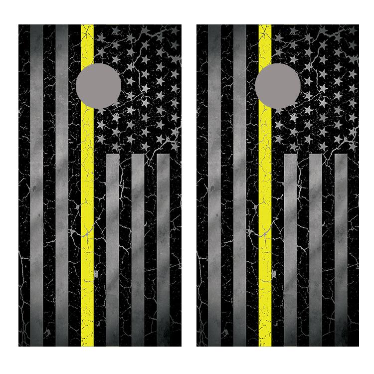 Yellow Line Crackle American Flag Cornhole Board Decal Wraps