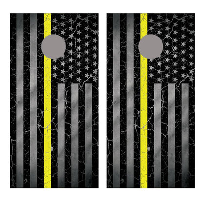 Yellow Line Crackle American Flag Cornhole Board Decal Wraps
