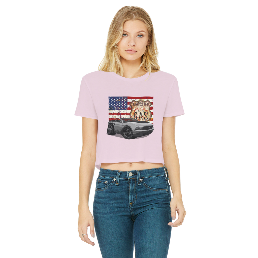Convertible Mustang Route 66 Classic Women's Cropped Raw Edge T-Shirt