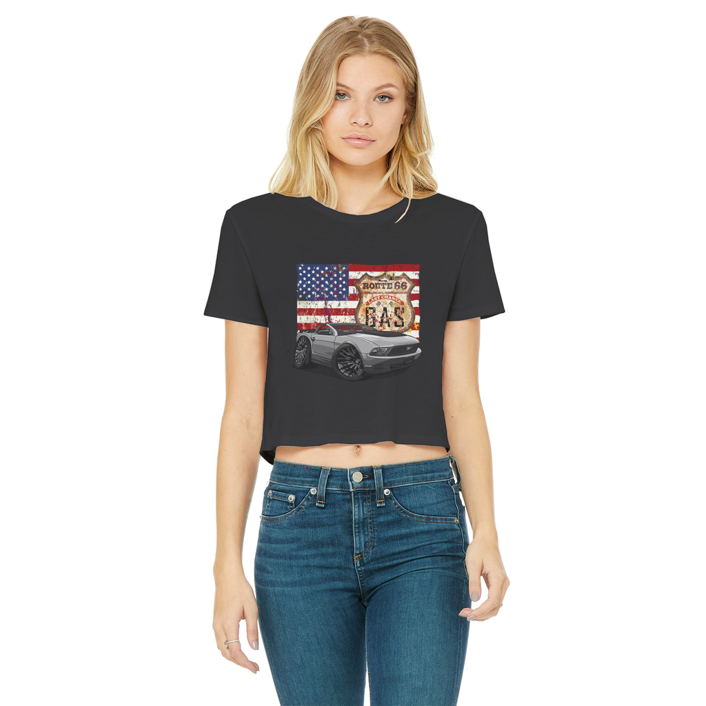 Convertible Mustang Route 66 Classic Women's Cropped Raw Edge T-Shirt