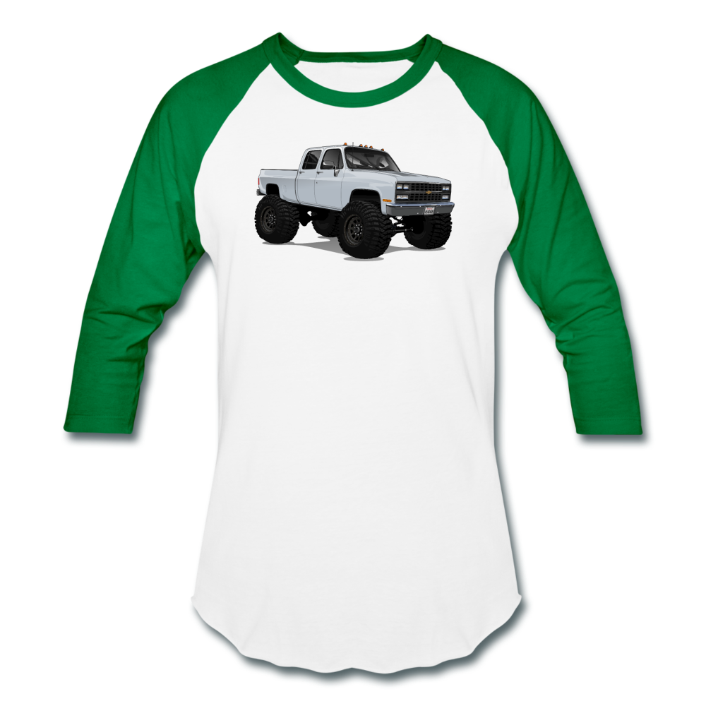 White Chevrolet 4x4 Crew Cab Pickup Truck Baseball T-Shirt - white/kelly green