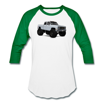 White Chevrolet 4x4 Crew Cab Pickup Truck Baseball T-Shirt - white/kelly green