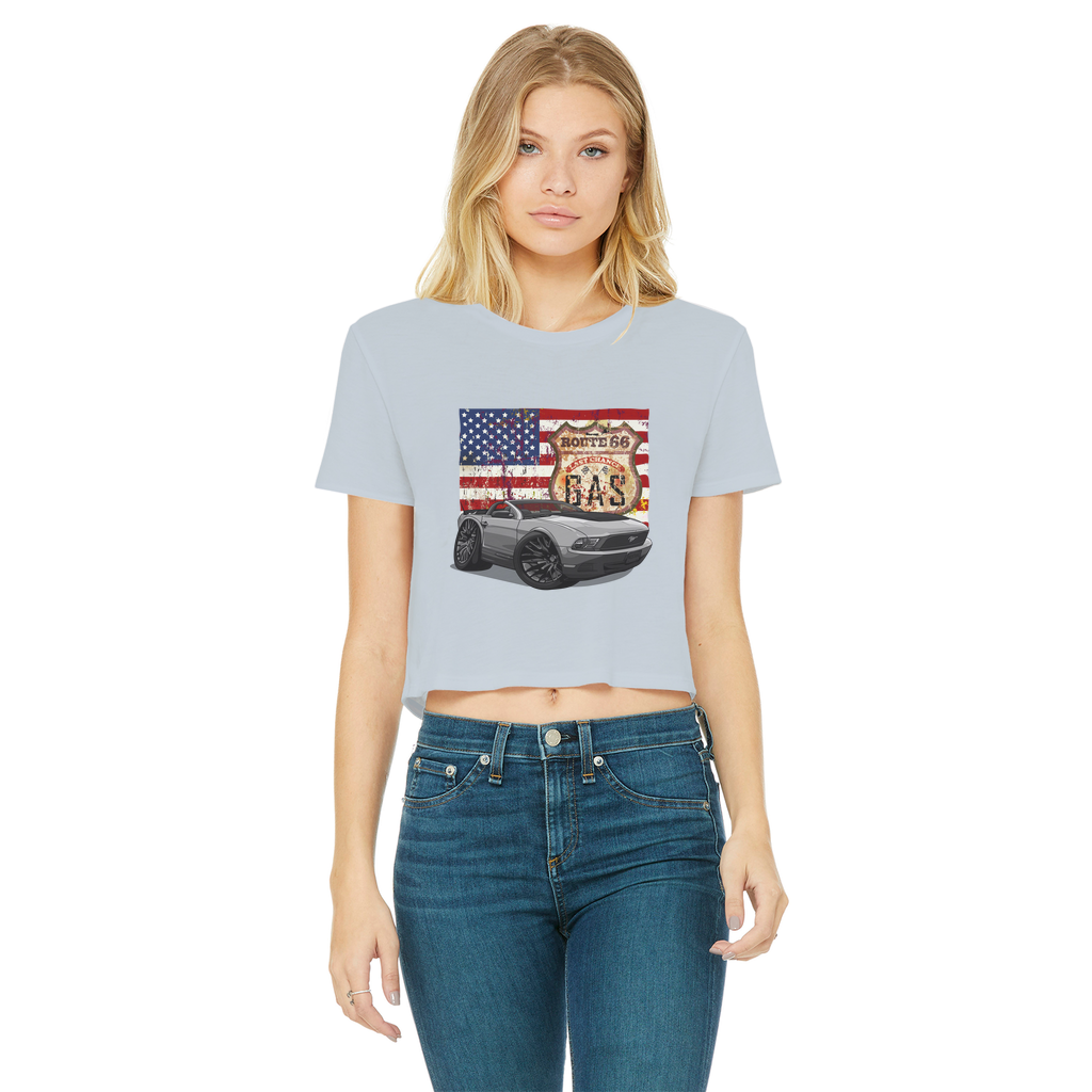 Convertible Mustang Route 66 Classic Women's Cropped Raw Edge T-Shirt