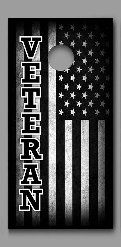 Veteran Black and White American Flag on Wood Black Border Cornhole Board Decal Wrap