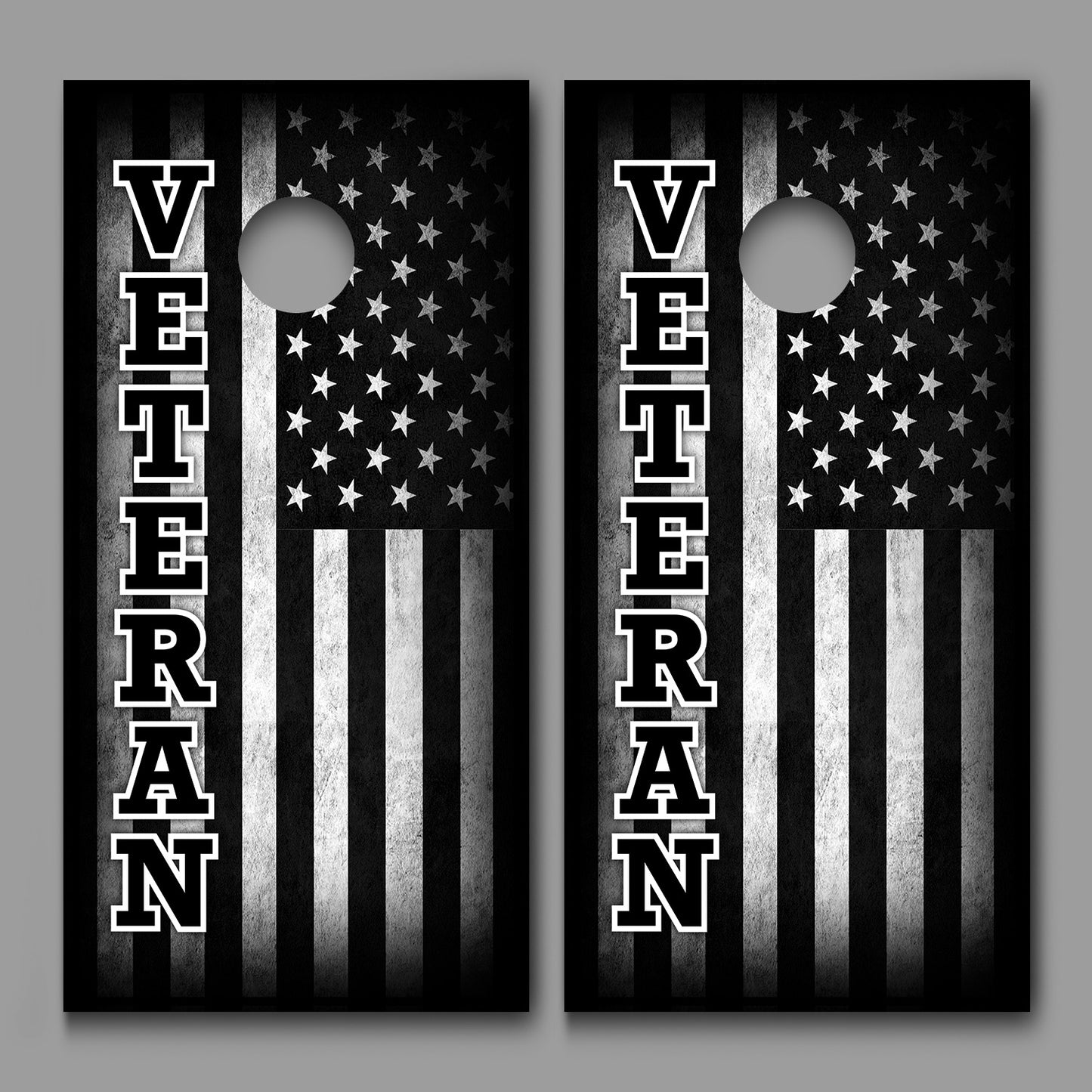 Veteran Black and White American Flag on Wood Black Border Cornhole Board Decal Wrap