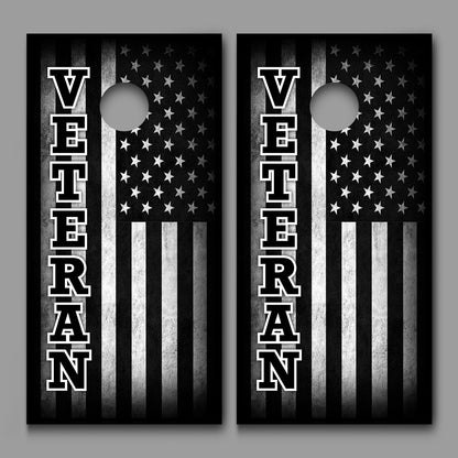 Veteran Black and White American Flag on Wood Black Border Cornhole Board Decal Wrap