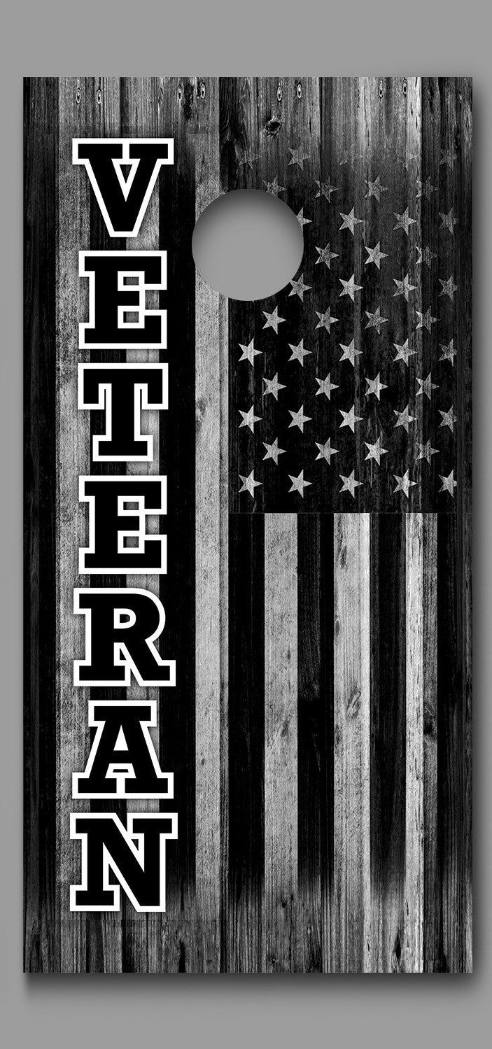 Veteran Black and White American Flag on Wood Faded Cornhole Board Decal Wrap