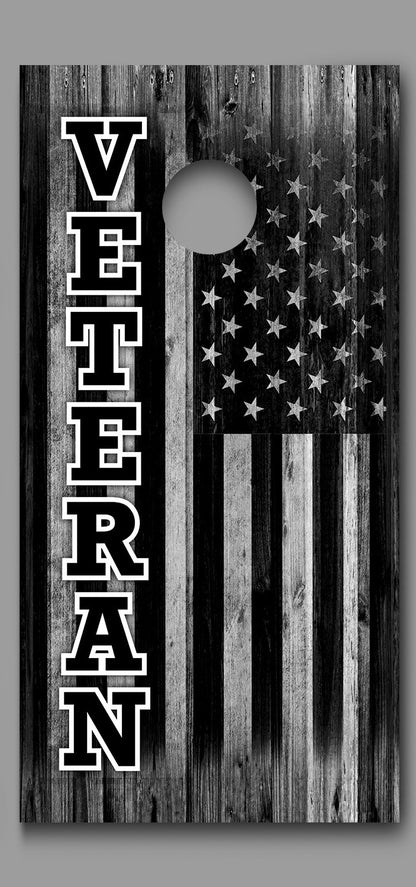 Veteran Black and White American Flag on Wood Faded Cornhole Board Decal Wrap