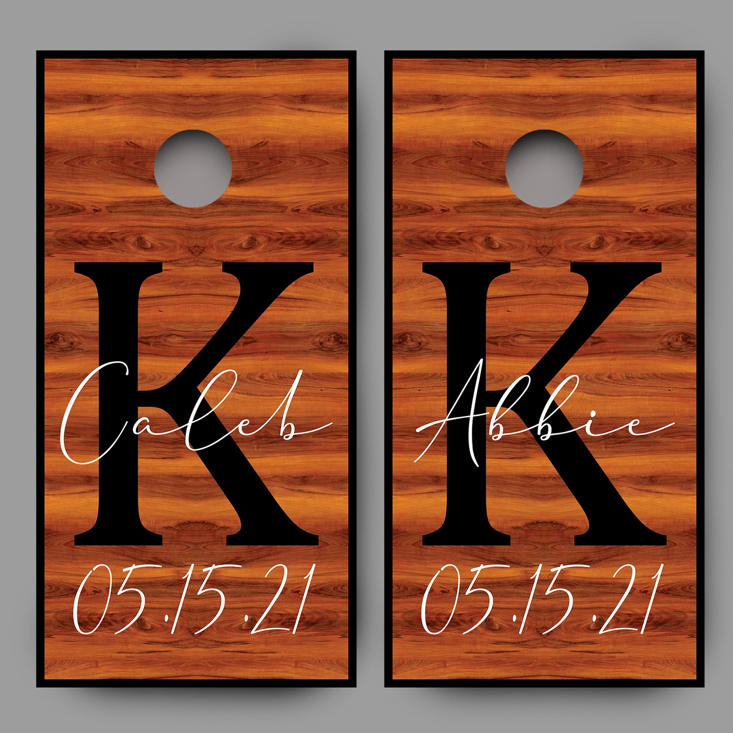 Custom Name and Date on Red Wood Cornhole Board Decal Wraps