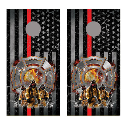 Firefighter Maltese Cross Red Line American Flag Cornhole Decal Wrap