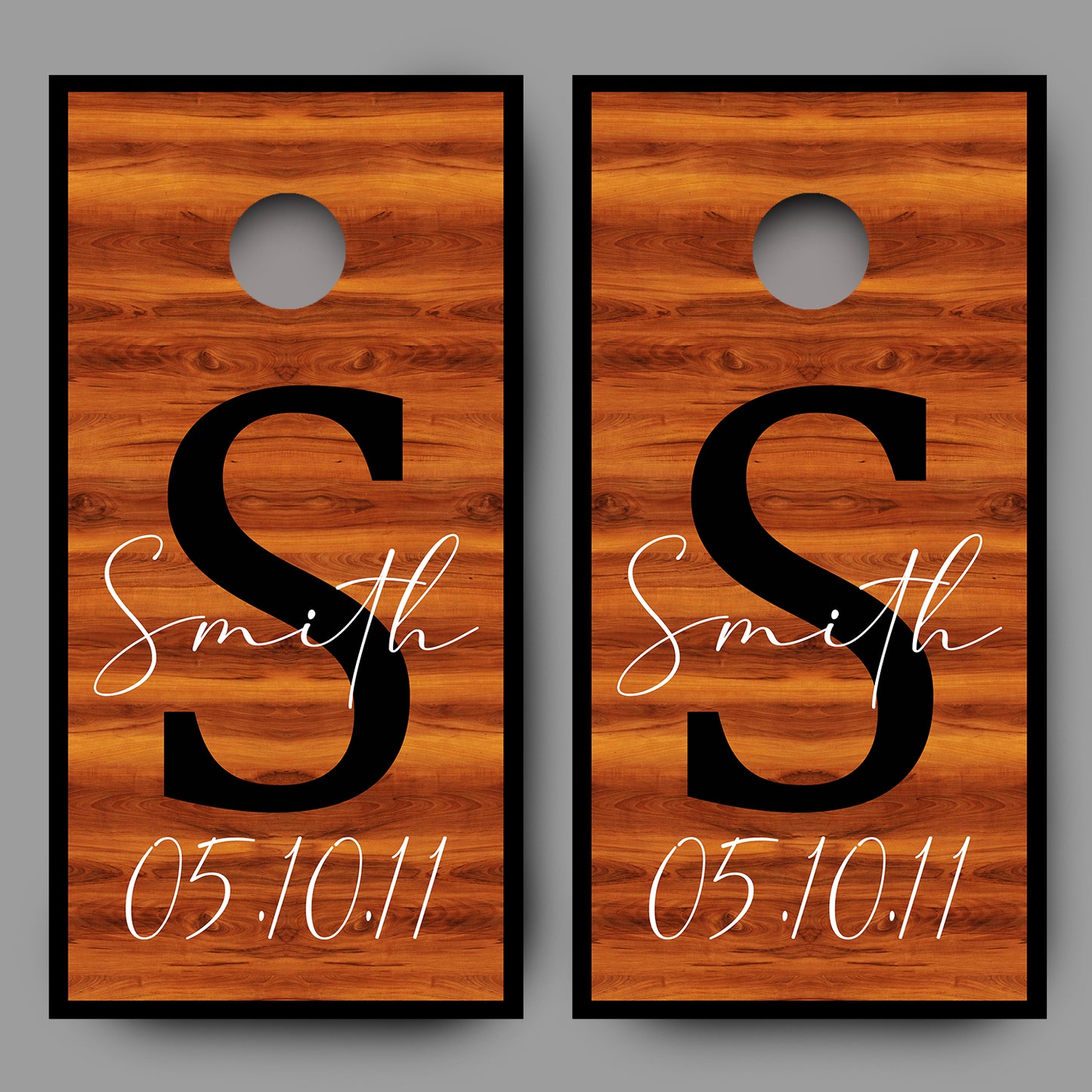 Custom Name and Date on Red Wood Cornhole Board Decal Wraps