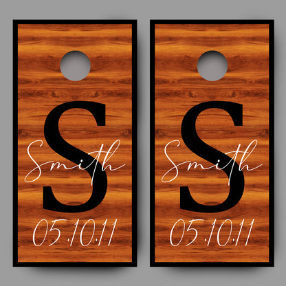 Custom Name and Date on Red Wood Cornhole Board Decal Wraps