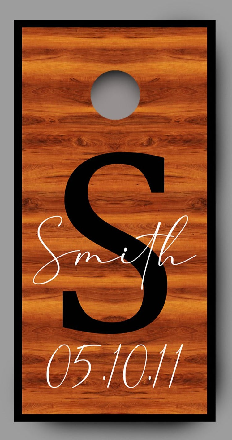 Custom Name and Date on Red Wood Cornhole Board Decal Wraps
