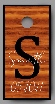 Custom Name and Date on Red Wood Cornhole Board Decal Wraps