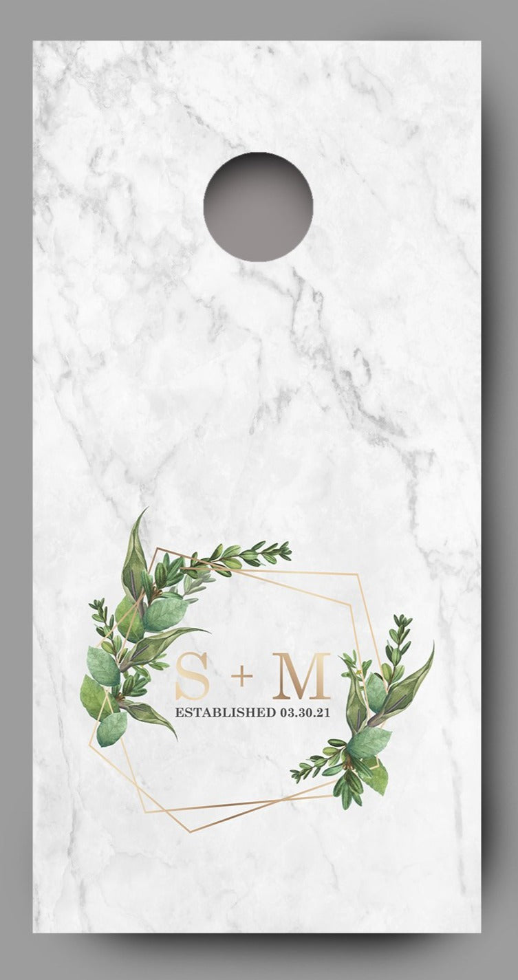 Custom Initials and Date with Greenery on Marble Cornhole Board Decal Wraps