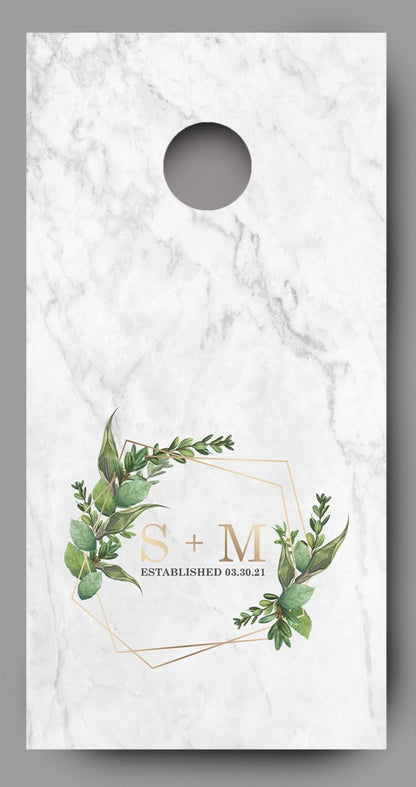 Custom Initials and Date with Greenery on Marble Cornhole Board Decal Wraps