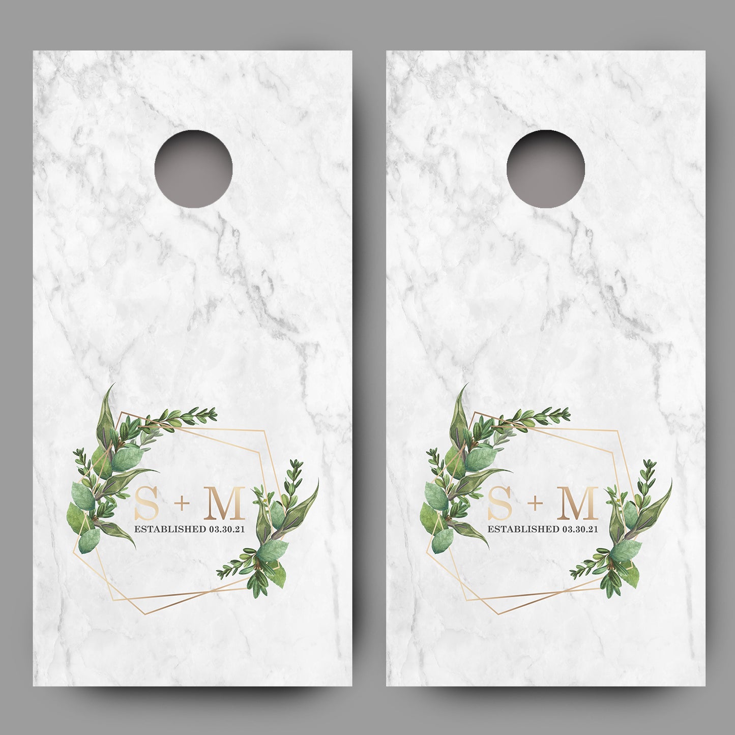 Custom Initials and Date with Greenery on Marble Cornhole Board Decal Wraps