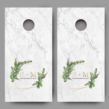 Custom Initials and Date with Greenery on Marble Cornhole Board Decal Wraps