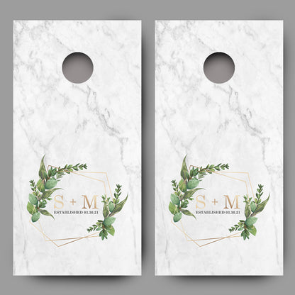 Custom Initials and Date with Greenery on Marble Cornhole Board Decal Wraps