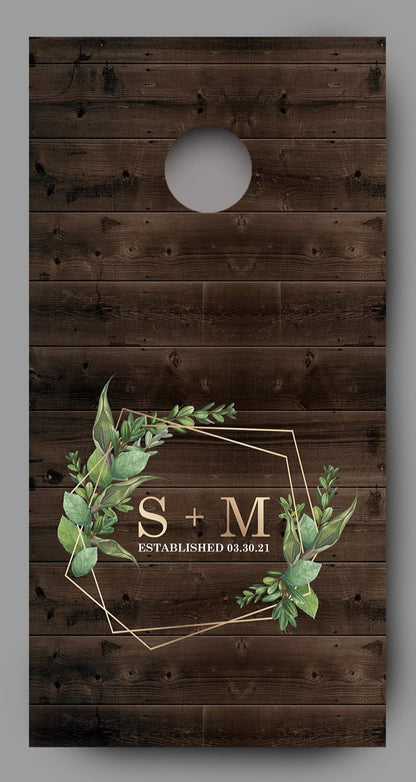Custom Initials and Date with Greenery on Wood Cornhole Board Decal Wraps