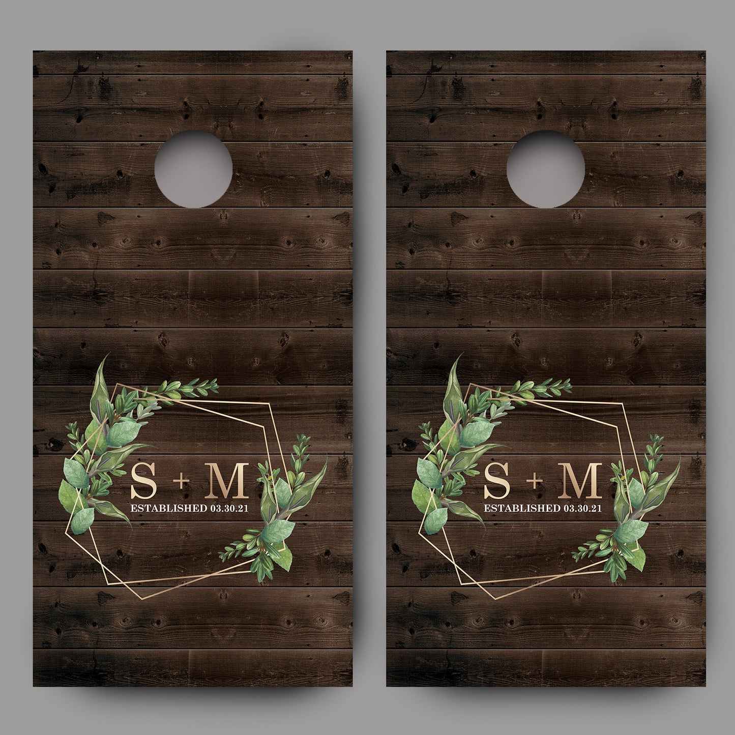 Custom Initials and Date with Greenery on Wood Cornhole Board Decal Wraps