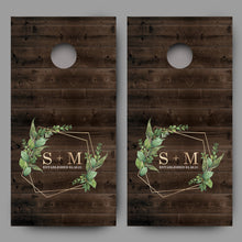 Custom Initials and Date with Greenery on Wood Cornhole Board Decal Wraps