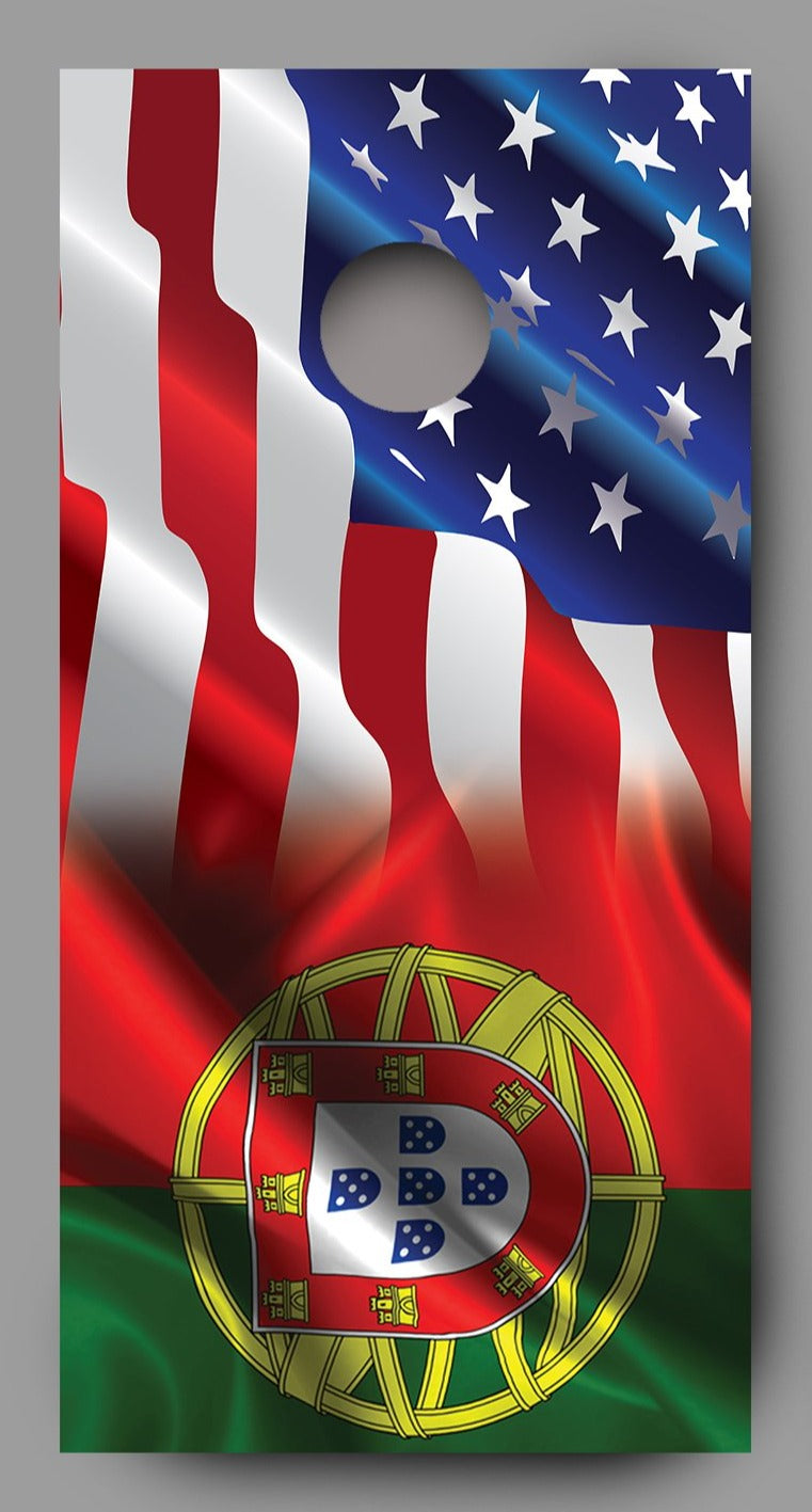 Waving American Flag fading to Flag of Portugal Cornhole Board Decal Wraps