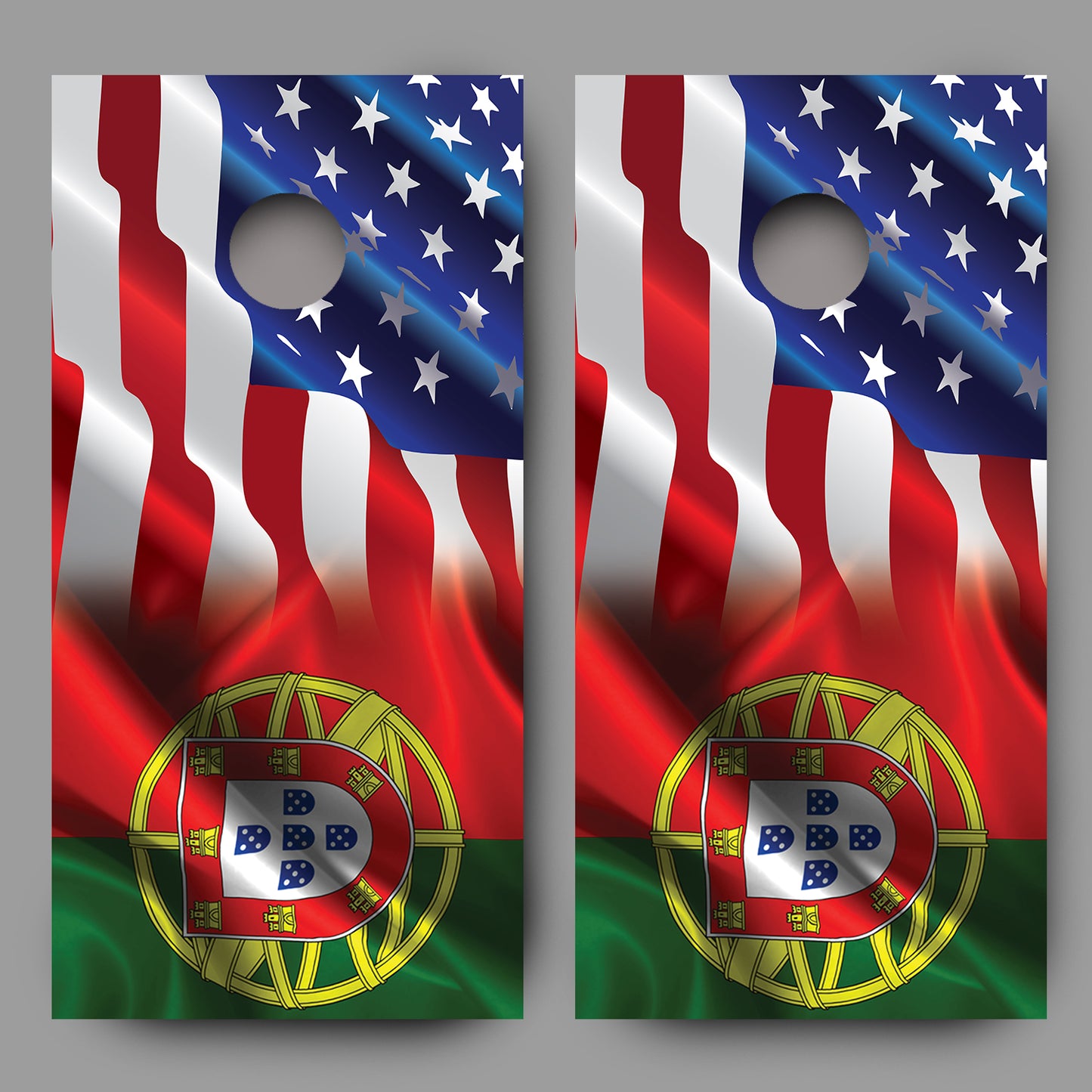 Waving American Flag fading to Flag of Portugal Cornhole Board Decal Wraps